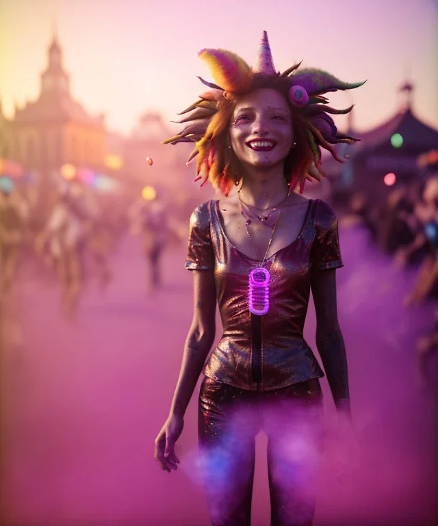 Ultra Realistic photo, medium shot view, drunken sweet dancer old brunette woman, carnival scene, monster hair, steampunk style. Red hair, confeti, smile, happy, festival, ovnis, gradient color fog. highly detailed, concept art, unreal engine 5, ray tracing, RTX, lumen lighting, ultra detail, volumetric lighting, 3d, finely drawn, high definition, high resolution.