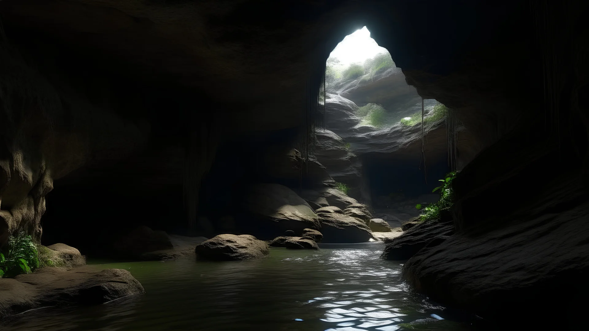 dark rock cave, looking upward as the cave continues upward. A stream runs down the the left side, lined by a small dam, in the style of jordan grimmer