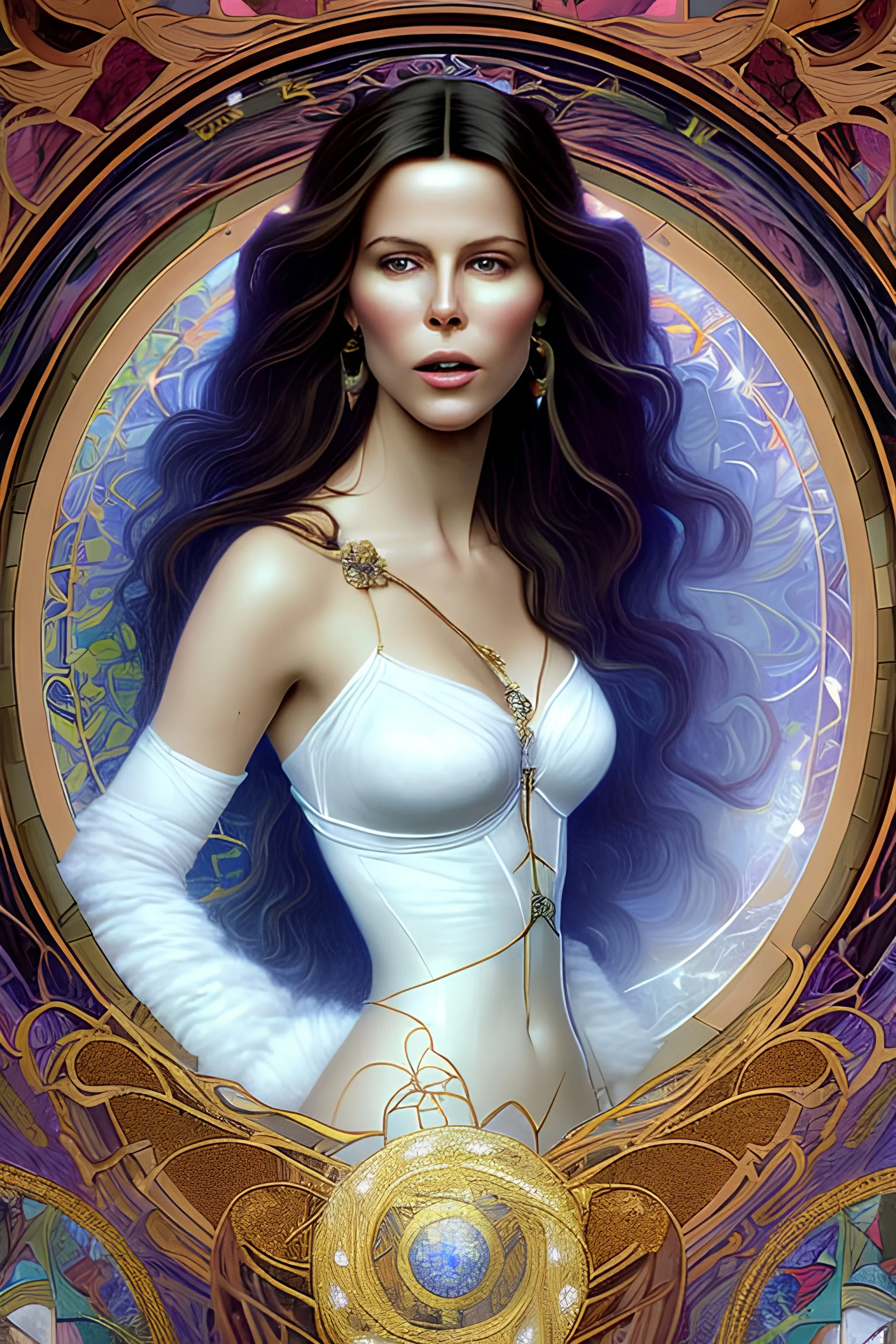 art by Alfons Mucha, stained glass motif, whole body image of beautiful Kate Beckinsale as Yennefer the Sorceress from The Witcher in a mystical enchanted forest opening a portal to another world, HD 4K, sharp detail, photo-realistic accurate face and features, cinematic lighting, award winning imagery