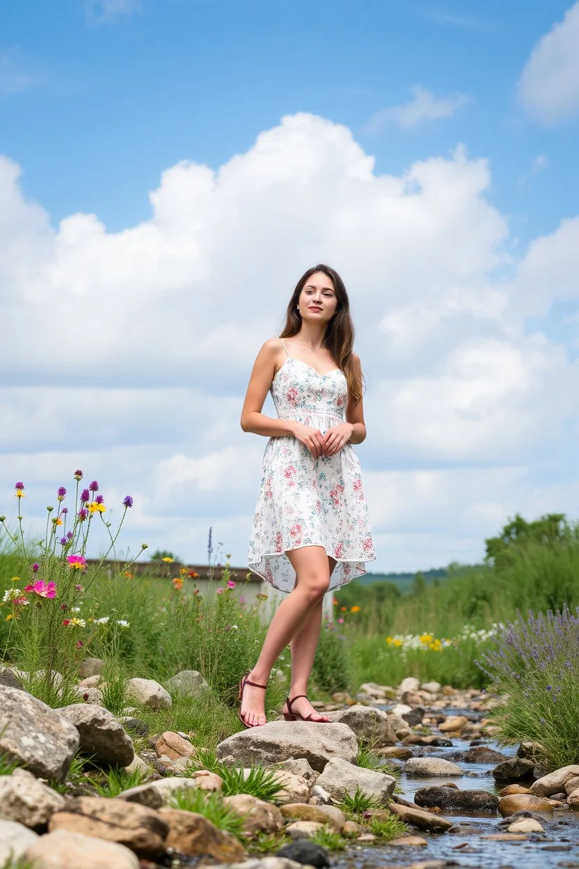 country side small river nice rocks at floor ,wild flowers, blosom pretty sky and cloudes a beautiful young lady standing gracefully garden