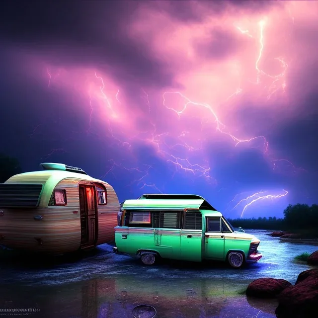 An old caravan at the bottom of an streaming river, lots of clouds within neon lights, thunder