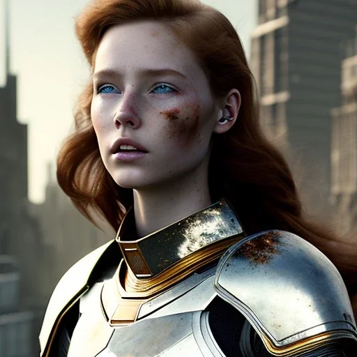 ultrarealistic, ruined city,__sci-fi armor__, __angles__, 18 year old woman, strikingly beautiful, ginger hair, _colour_, [__starlets__|__starlets__], (pale __skincolor__ skin:1.2), __camera__, _hair_, detailed face and eyes, medium breasts, leather choker, freckles, dynamic pose, resolved expression, __accessory__, strappy outfit, (straps:1.1), sword in scabard on left hip, (buckles, buttons, snaps, rings:1.0), haltertop style breastplate, detailed eyes, plump lips, sci-fi theme