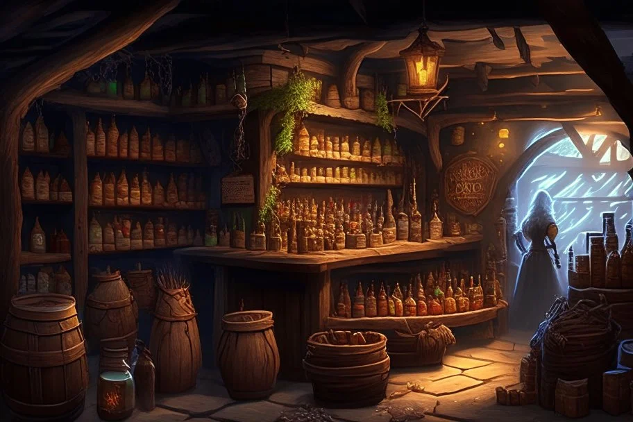 inside of a medieval shop, wooden walls, log pillars, stone bar with shop keeper behind it, magical ingredients on display and weapons on display. people, elves, goblins, orcs, dwarves and lizard folk in room