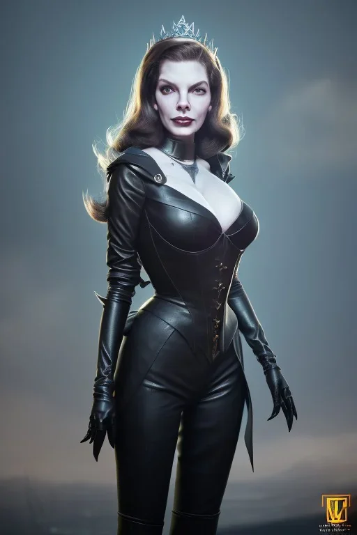 Lauren Bacall as evil queen in black leather, leather, busty, cleavage, angry, stern look. character design by cory loftis, fenghua zhong, ryohei hase, ismail inceoglu and ruan jia. unreal engine 5, artistic lighting, highly detailed, photorealistic, fantasy