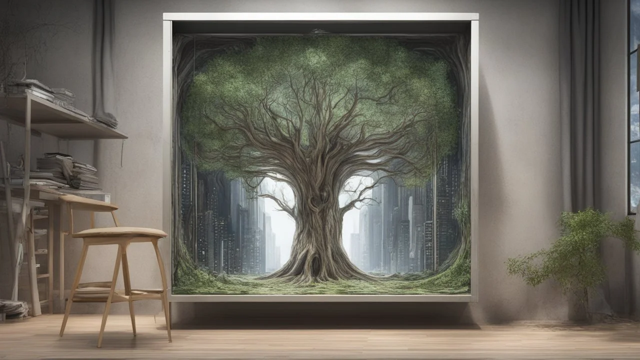 drawing only ona a cabinet 1.45 meters high and 34 meters wide. The last tree, city of the future year 4222, portal in space that's leads to the afterlife, very realistic, 4K