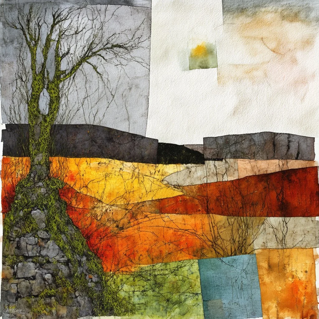 autumn landscape in patchwork, soft and delicate watercolor, with added electronic wires, patina of ancient stone with moss, art brut, moody, somber, desaturated colors, in the style of Paul Klee, Arthur Rackham