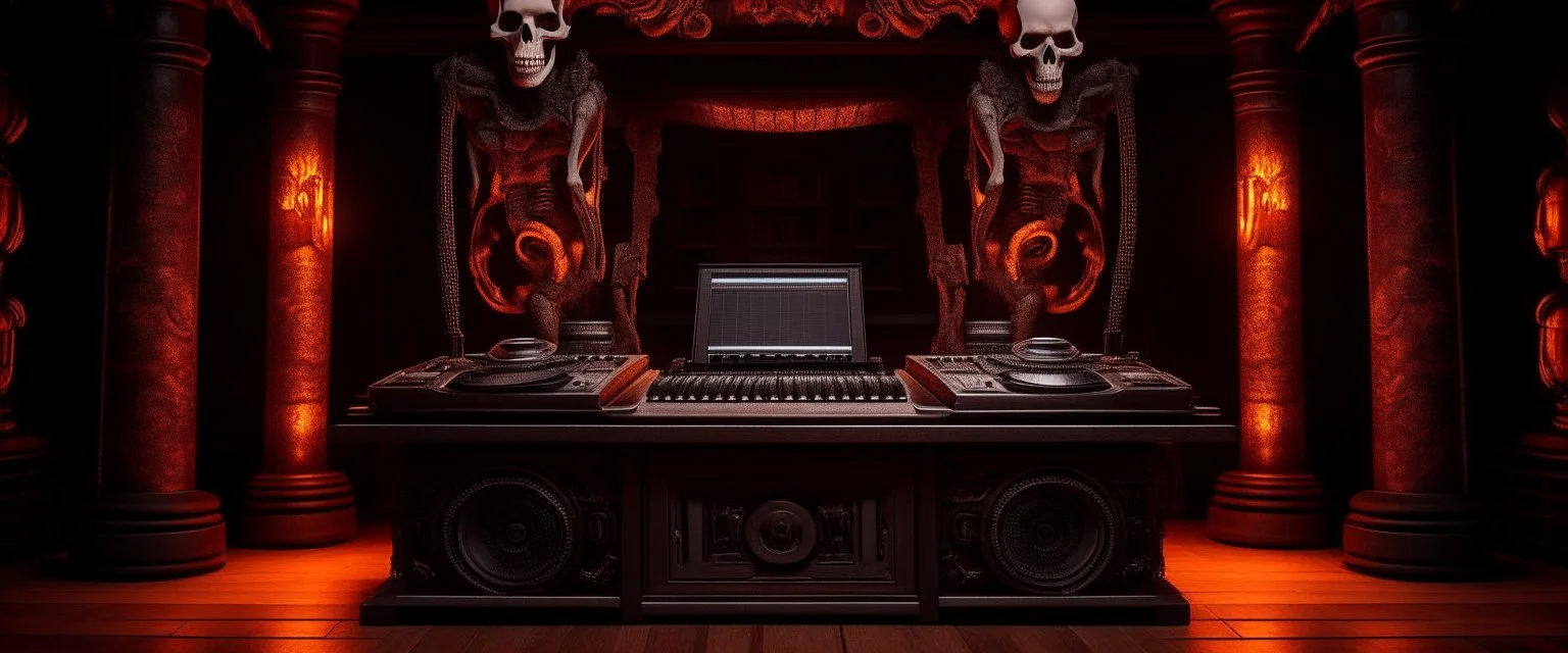 DJ of the damnded, insanely detailed DJ booth in hell, MID set, speakers and equipment made of bone, anatomically correct, add more skulls in th audience, photorealism, vray, 8k 3d https://stablecog.com/generate?o=a67b60e0-edd2-418d-9744-d1d585055d7f