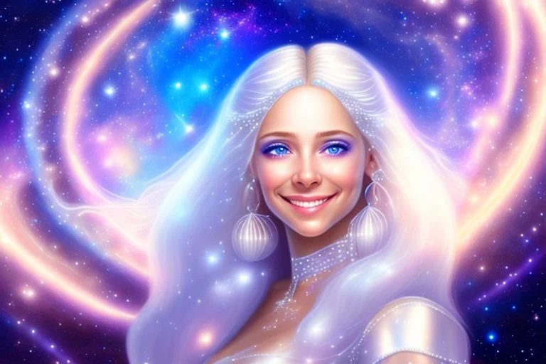 very beautiful cosmic women with white long hair, little smile, with cosmic silver metallic suite and brightly earings. in the background there is a bautiful sky with stars and light beam