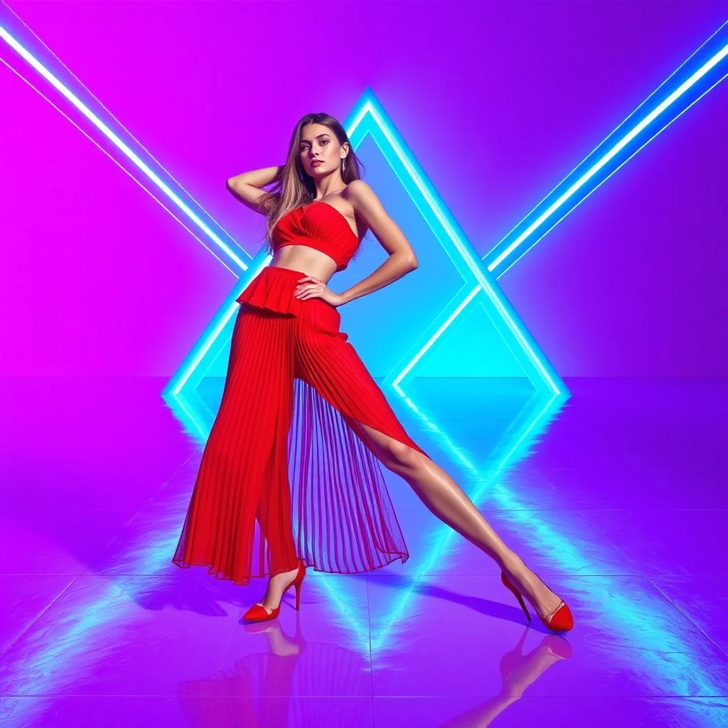 Professional fashion photography of a woman in a vibrant red pleated two-piece outfit posing gracefully. She is set within a minimalist futuristic interior dominated by cool blue and purple neon lighting. The glossy metallic floor perfectly reflects the glowing geometric architecture. High-end cinematic lighting with deep shadows and sharp highlights.