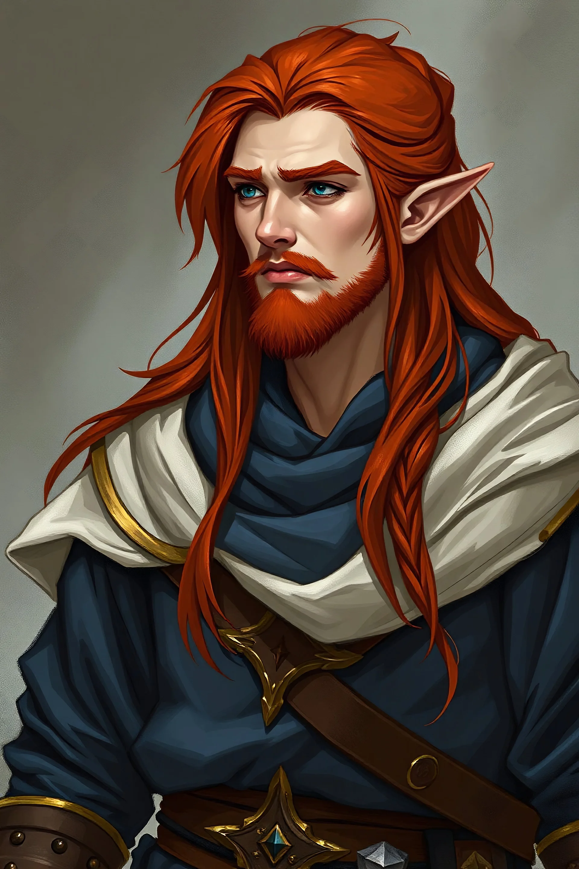 long red haired half elf monk with blue white and gold clothes and a little stubble