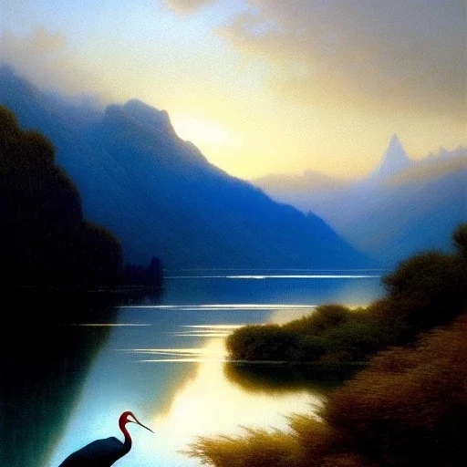 Drawing of 'Crane Bird 'snow, mountains,river,painting by gaston bussiere, greg rutkowski, yoji shinkawa, yoshitaka amano, tsutomu nihei, donato giancola, tim hildebrandt, evan lee,oil on canvas, cinematic composition, extreme detail,fit full head inside picture,16k