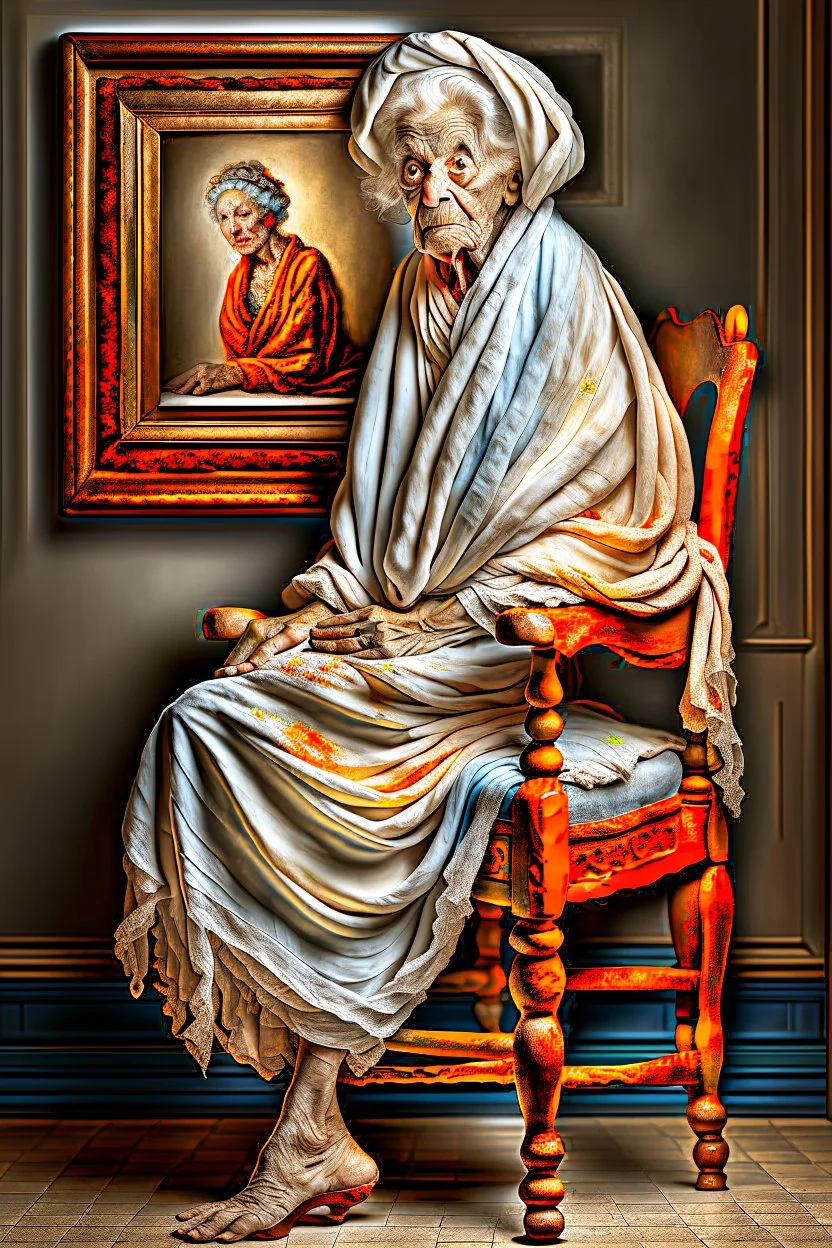 an old wrinkled woman sitting on a wooden chair, half dressed in dropped cloth, she is on display in a high end white art gallery, she is quite and no emotions, the original painting of Venus is on display on the wall, .ultra realistic photo,. highly detailed 32k, strange and weird modern art creation, surrealistic image