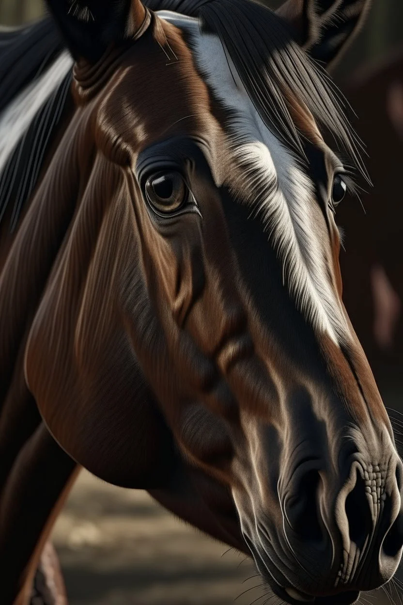 Horse with small overly realistic human eyes, staring at the point of view,