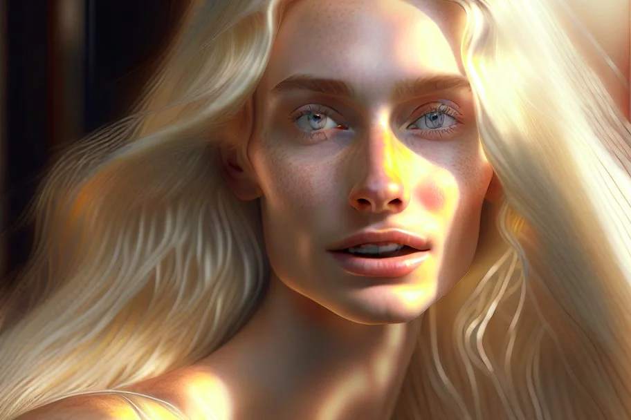 A Hyper-Realistic ,A Blonde Woman ,Full Size Beautiful Natural look ,Long Legs , Bathed In Cinematic Light, Realistic Elements, Captured In Infinite Ultra-High-Definition Image Quality And Rendering, Hyperrealism, 8k Resolution, Rendered In Cinema4D