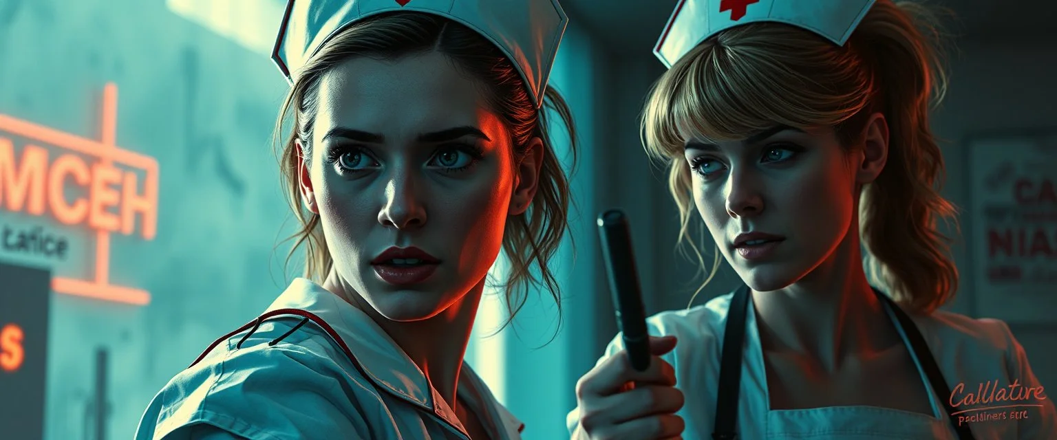cyberpunk fallout 4, airbrush and pen outline, A cinematic, high-end advertisement image for a fictional service called “Nazi Spice Girl Nurse Surprise Party™”. Split-screen composition with two contrasting emotional states.