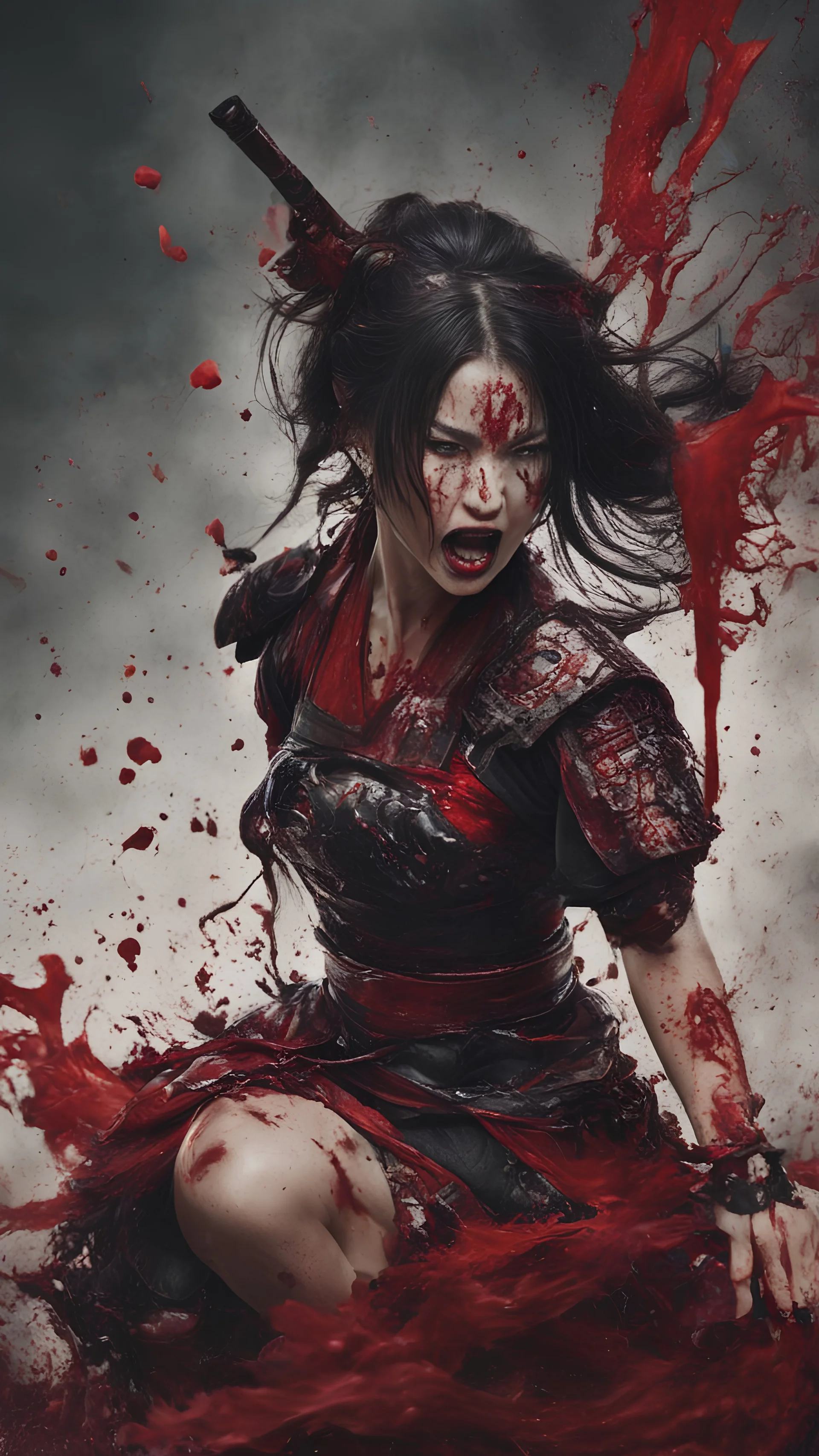 Tall girl samurai, face distorted with pain, screaming, tears streaming from eyes, siting pose, fullbody, splashes blood, behind guts rising from the ground, intricate, darkred tones, macro photography,