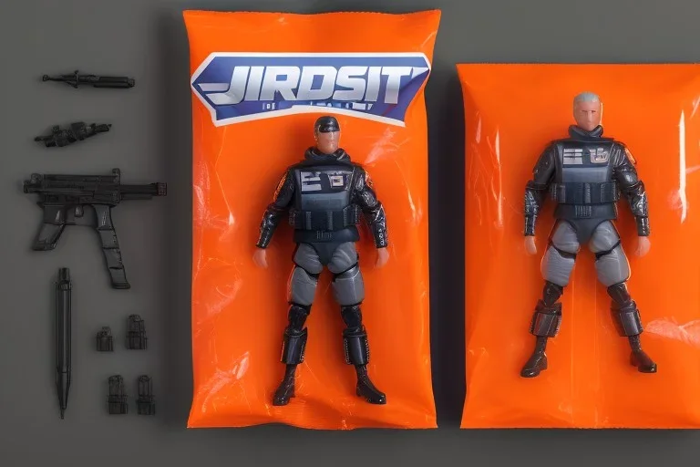 Mike Pence G.I. Joe action figure Space force uniform inside a blister packaging hanging on a Wallrack in toystore, fluorescent orange, toy guns, wide angle shot whole body, black moonboots, fullsize