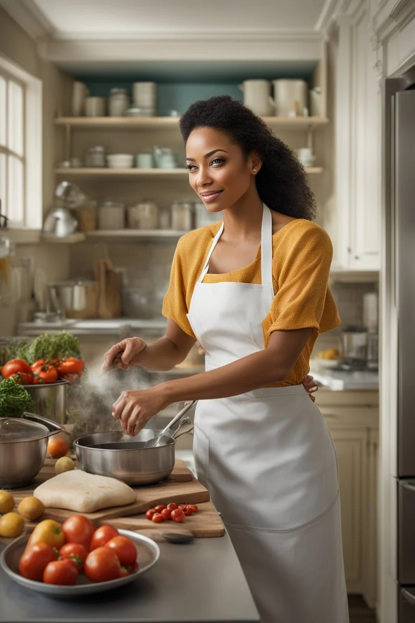 A hyper-realistic, A stunning woman in a vibrant kitchen, her eyes twinkling as she cooks., her apron billowing in the breeze. , full size ,Photo Real, HOF, full size, practicality,manufacturability,performance, (((realism, realistic, realphoto, photography, portrait, realistic, elegant, charming, , professional photographer, captured with professional DSLR camera, trending on Artstation, 64k, ultra detailed, ultra accurate detailed, bokeh lighting, surrealism, Thomas Kinkade backgroun