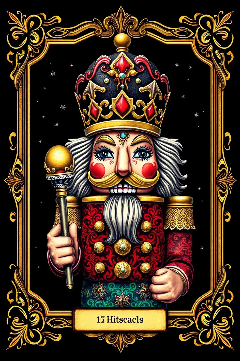 Centered, Ornate, Collectable Trading Card of lisa frank pattern fantasy character portrait of Crisp Digital Art, holiday nutcracker by Aleksi Briclot, T-Shirt Design, Black Background, Detailed Frame, Border, in SNES arcade game, ultra realistic, wide angle, intricate details, retro Nintendo bitmap pixel art, highly detailed by peter mohrbacher, wayne barlowe, , hajime sorayama aaron horkey, gaston bussiere, craig mullins