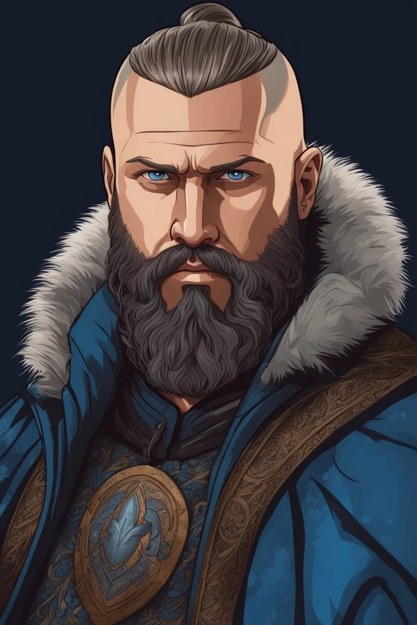 Ragnar Lothbrok in 8k cartoon artstyle, blue eyes, Bald, big beard, tattoos, winter, close picture, highly detailed, high details, detailed portrait, masterpiece,ultra detailed, ultra quality