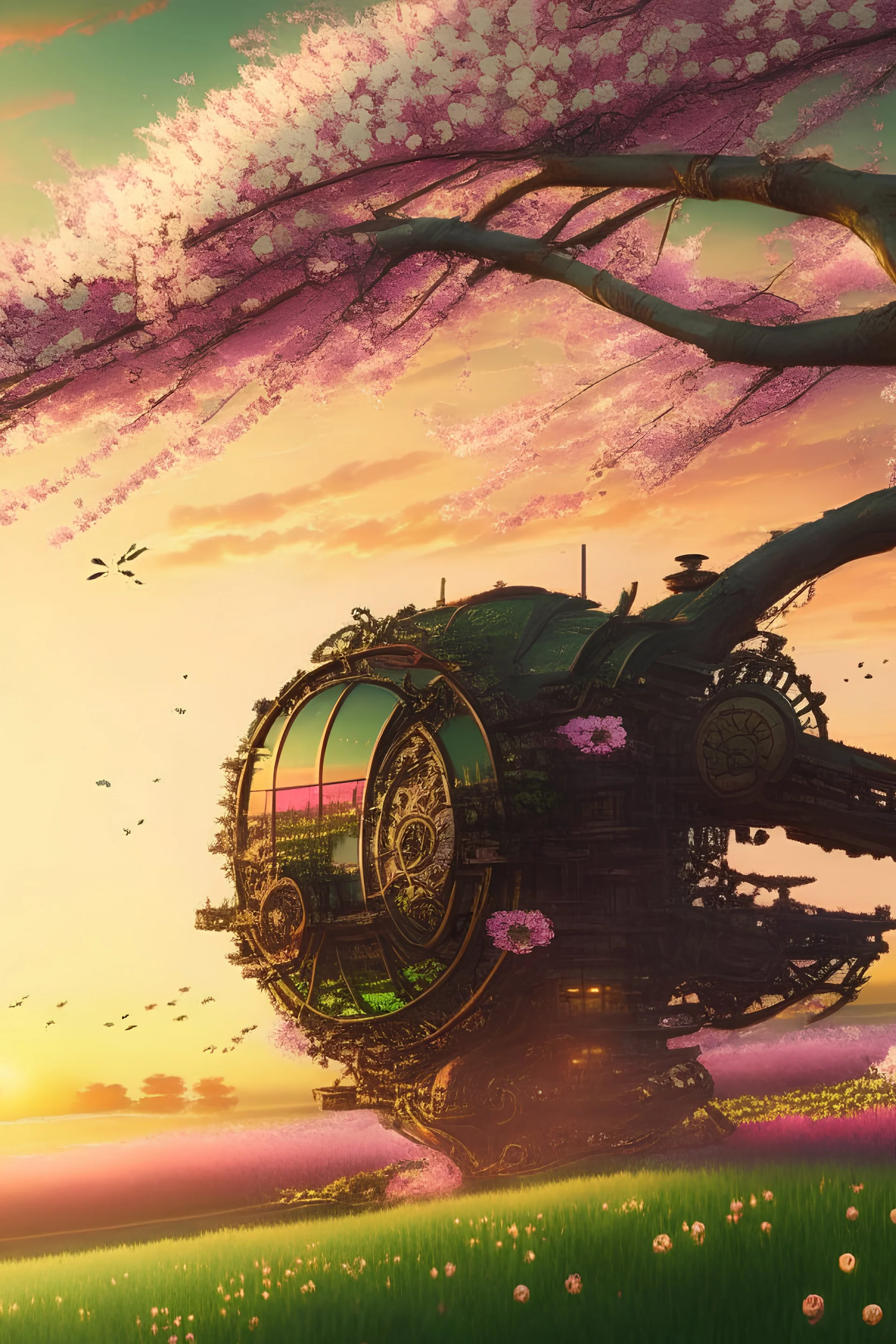 steampunk, falling cherry blossom, green fields, japanese, japan, neo-traditional, sunset, HDR, high detail, 4d