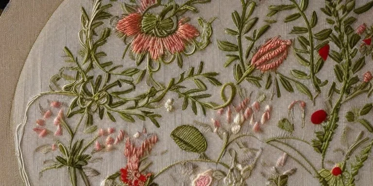 exquisite whimsical garden in embroidery, intricate, highly detailed, linen and wood backdrop