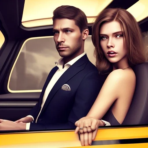 man wearing a suit next to a beautiful woman with brown hair, sitting in a taxi, dramatic, dramatic lighting, volumetric lighting, hyperrealism, 8k, high quality, photorealistic, lot of details