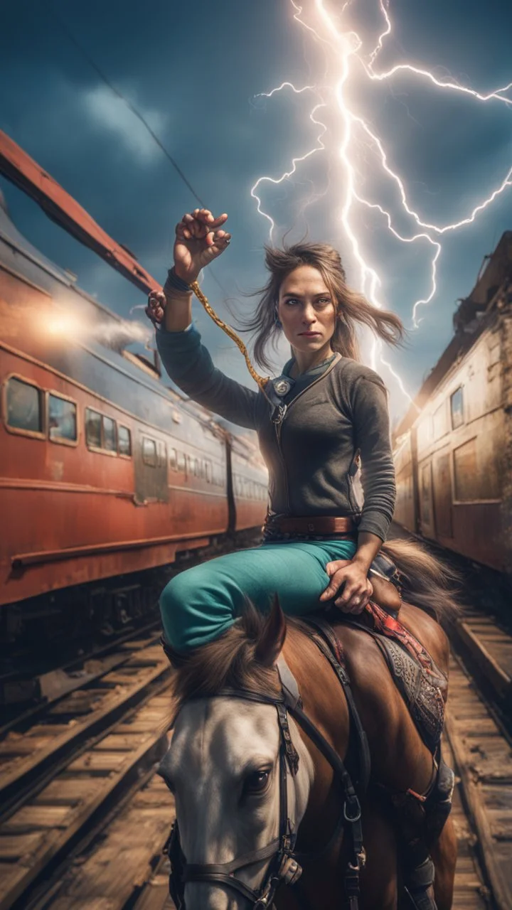 fisheye lense, hypnotic portrait of a yoga instructor on a horseback,flashy magazine cover, fallout 4 docks setting, horror weird cowboy wizard cyberpunk weasel in female garments on top of train ,holding dynamite, getting hit by lightening electric arc, with big disturbed eyes,bokeh like f/0.8, tilt-shift lens 8k, high detail, smooth render, down-light, unreal engine, prize winning