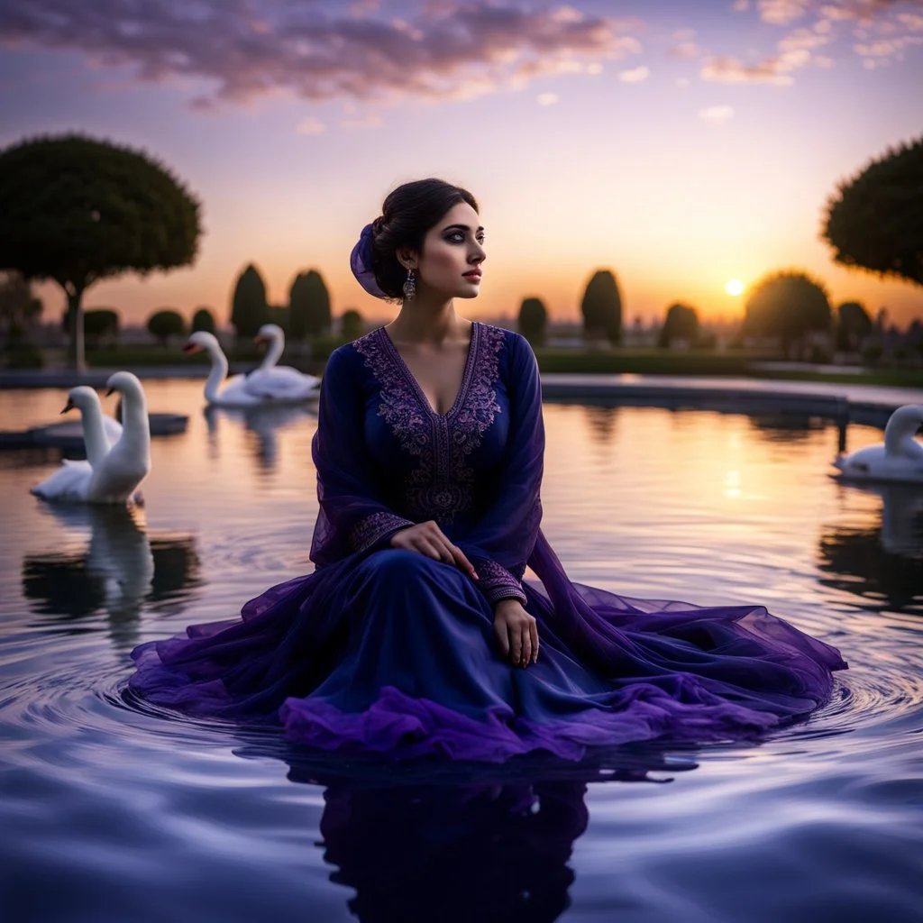 Hyper Realistic Photographic Close-Up-Face-Silhouette View Of A Beautiful Young Pashto Woman wearing navy-blue-embroidered-dress-with-purple-shawl happily-sitting on the surface of a fancy-water-fountain & a swan swimming on the surface of water at cloudy sunset showing dramatic & cinematic ambiance.