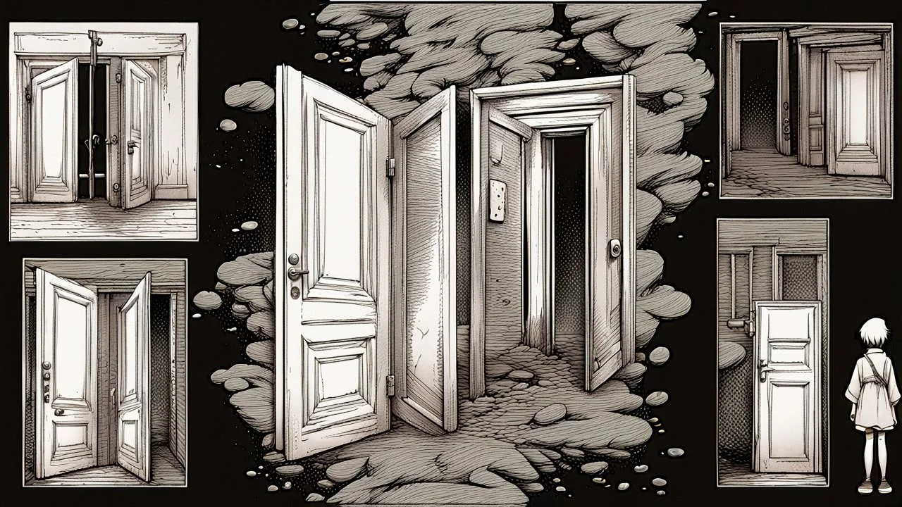 unhinged door, anime, monochrome, black background, ink, simple, maximum quality, broken hinge, barely functioning, why is it still being used it's a health hazard