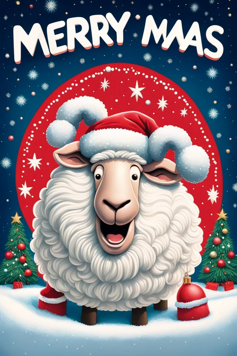 Create a whimsical 1990s-style movie poster featuring a jolly, rotund Santa humorously merged with a fluffy sheep. Capture the playful spirit of 'National Lampoon's Christmas Vacation.' Display 'Merry Xmas Autofarm' prominently in festive, bold letters, framed by twinkling lights and classic Christmas motifs. Use bright, nostalgic colors and playful design elements to evoke retro holiday magic and comedic fun