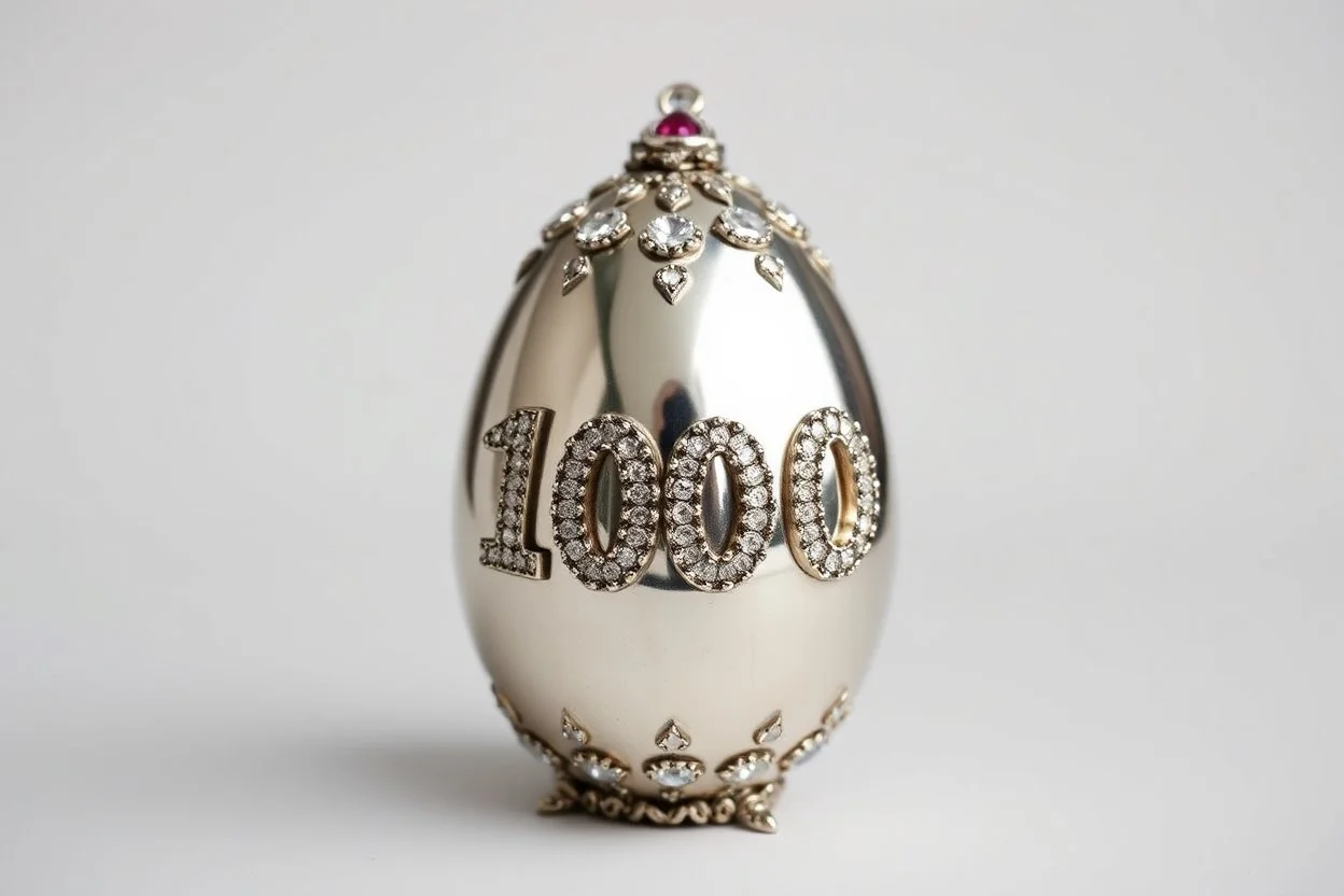 a silver egg in the style of Alma Pihl – that says 100 on it decorated in gems glorious beautiful
