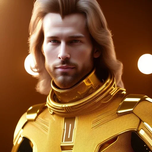 beautiful cosmic golden male, long hair, nice smiling, delicate colors, beautiful glamour galactic golden dress, ultra sharp focus, 8k, unreal engine 5, extremely sharp detail, light effect, soft light atmosphere of a spaceship, smooth, full of details, face in front, complete vision of face and body