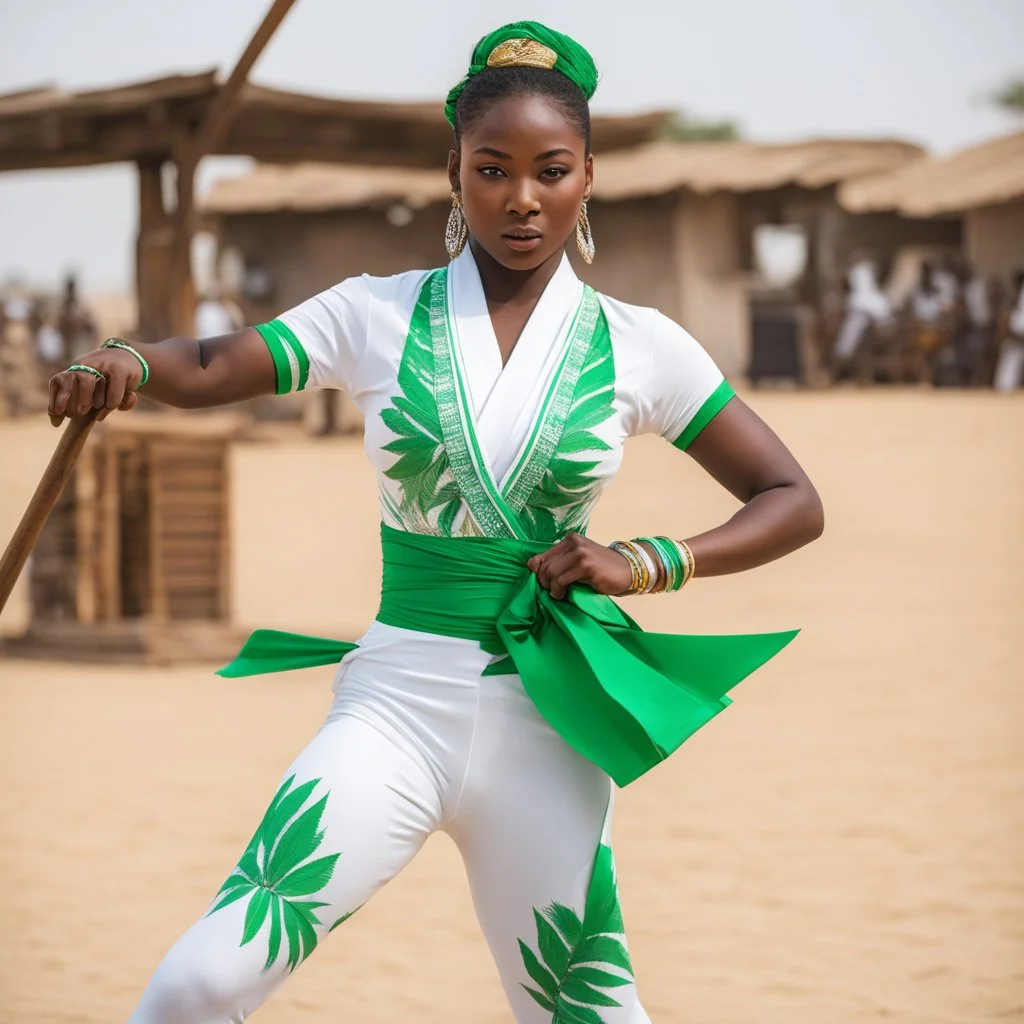 A surprised Niger sublime dancer woman, 24-years-old wearing a white and green one-piece swimsuit , she executes the crane movement of karate kid
