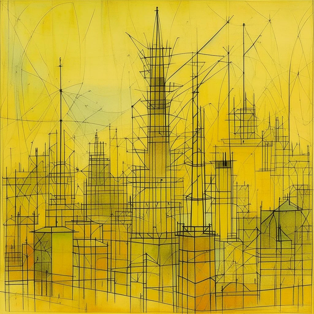 A light yellow metropolis with electrical towers painted by Paul Klee