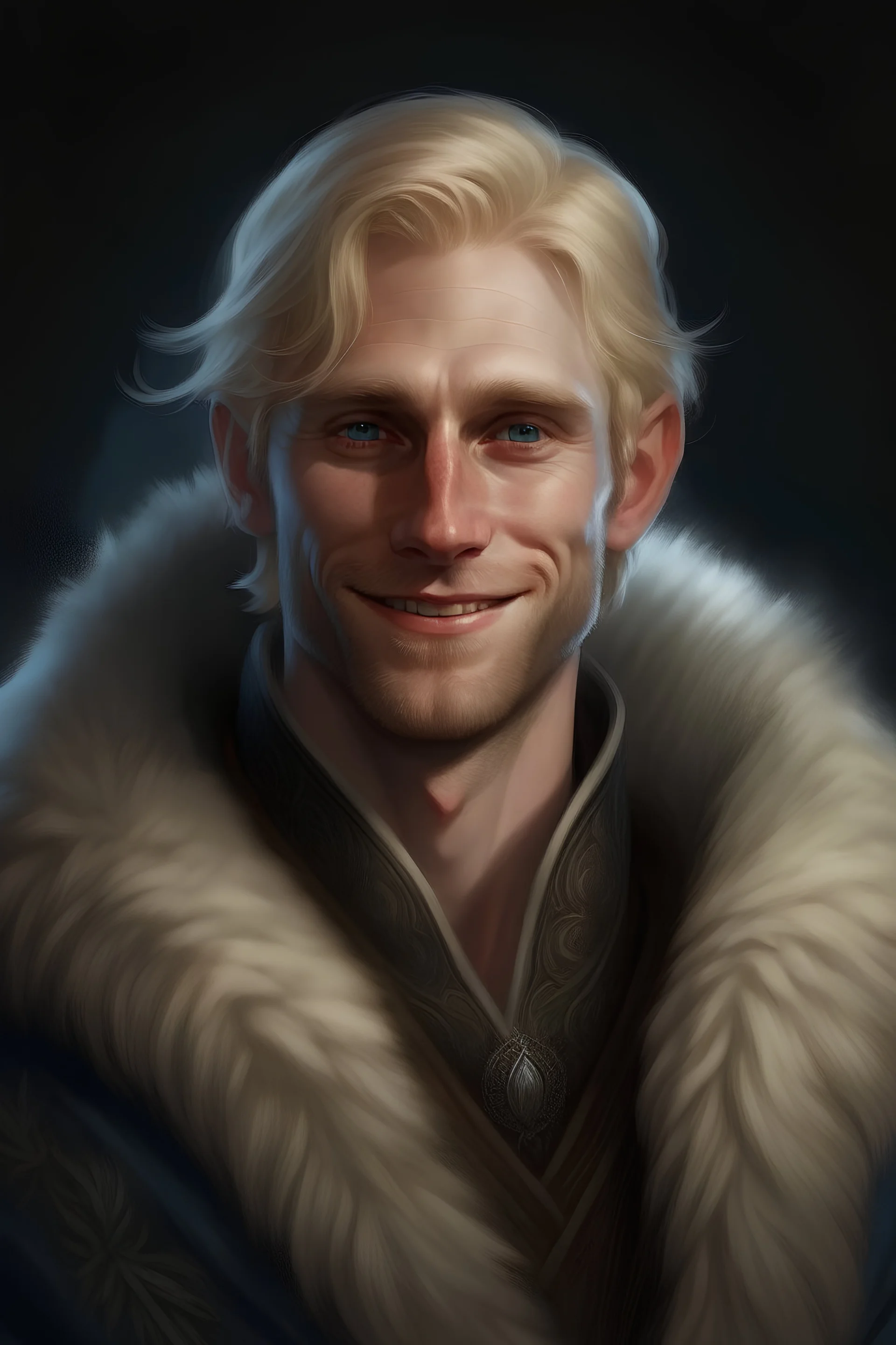a man in his thirties, trimmed blond hair, round face, pale blue eyes, sinister smile, dressed in a fur robe, realistic epic fantasy style