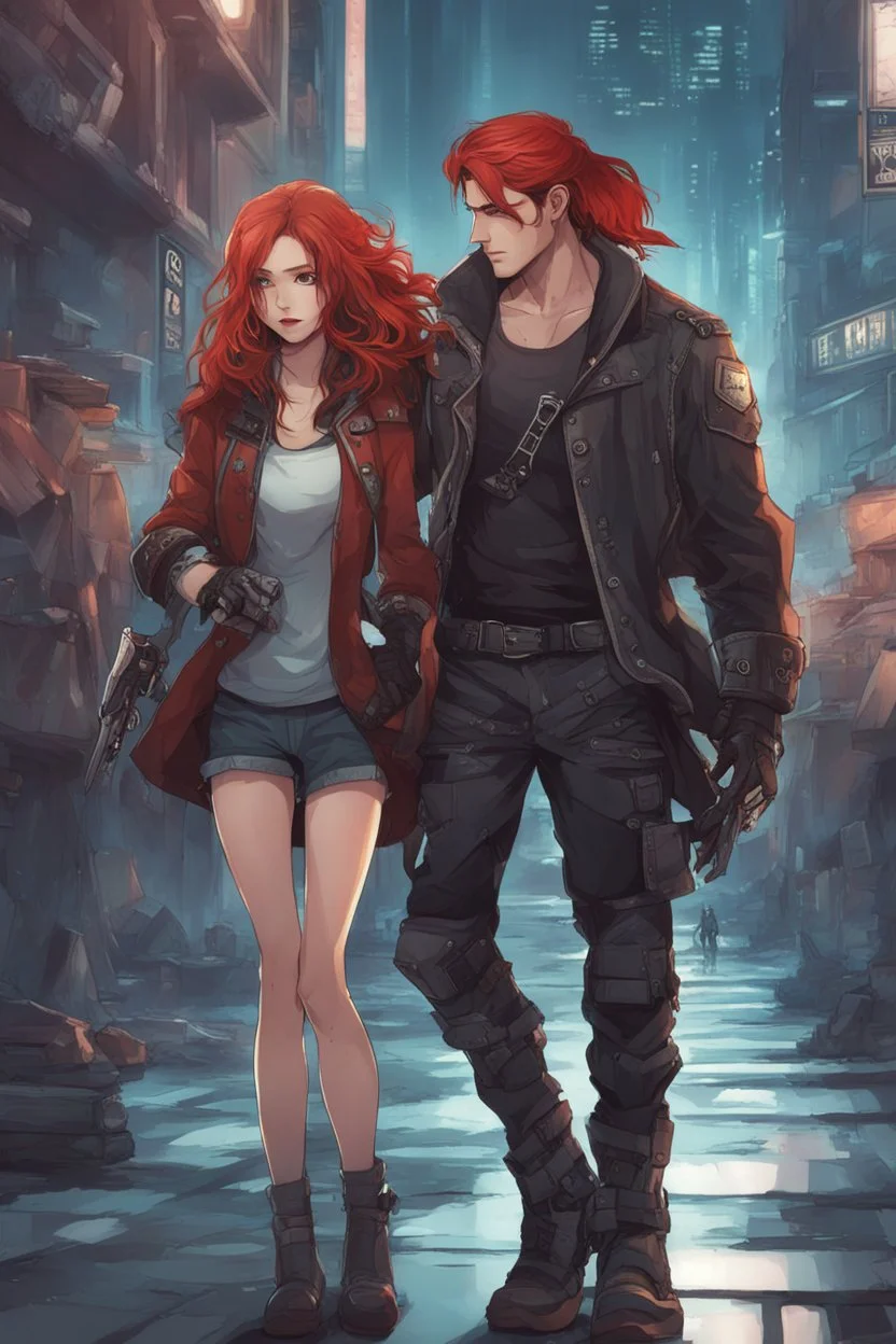 Science fiction, cyberpunk, city street, couple girl and guy, together, love at first sight, forbidden love, pirates, handsome guy, cute red haired girl