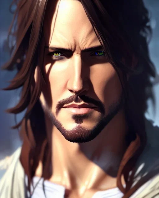 "matt mercer, beautiful eyes, full-scale head and shoulders portrait, 8k resolution concept art portrait by Greg Rutkowski, Artgerm, WLOP, Alphonse Mucha dynamic lighting hyperdetailed intricately detailed Splash art trending on Artstation triadic colors Unreal Engine 5 volumetric lighting Splash art fantasy