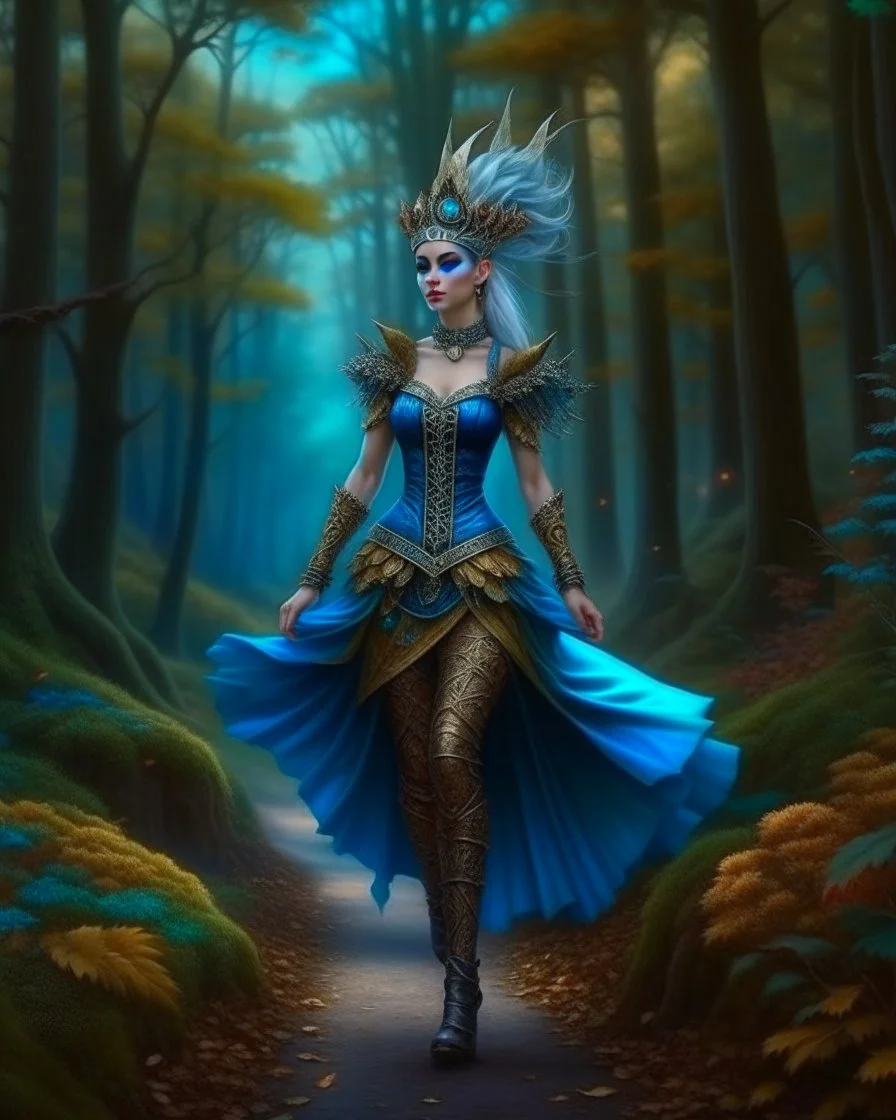 Pintura steampunk de una Reyna elfo caminando en el bosque, coloreada, maximalista, calidad ultra, hiperdetallada, 12k