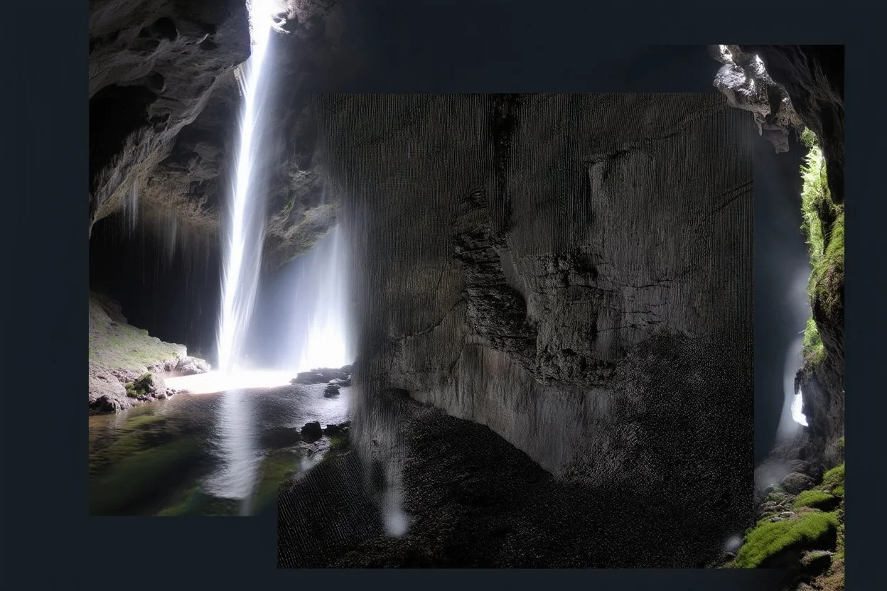 cliffside path winds through the mossy caves towards the light in the ceiling