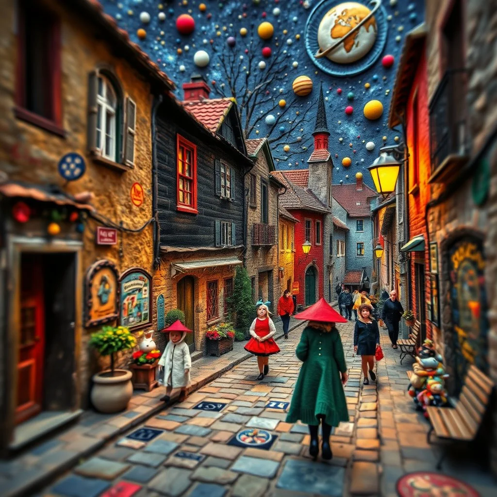 Photograph hasselblad h6d400c --ar 85:128 --v 6.0 of a fairy old bewitched street, people, made of felt art, tiltshift, 3d deep field, galaxies and planets, needlepoint, Joan Miró, odd, abstract, expressionist style, colorful