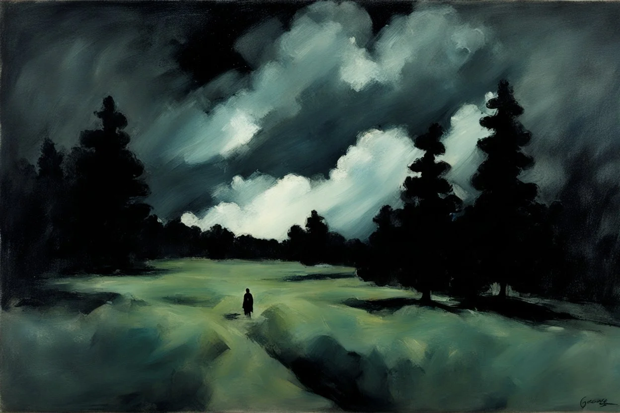 Trees, night, clouds, one person, 2000's sci-fi movies influence, george hendrick breitner impressionism painting