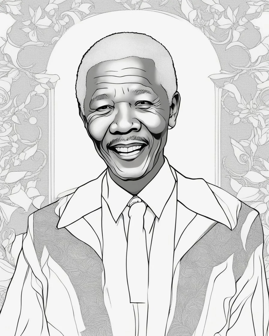 coloring page for teens, simple outlines art, bold outlines, clean and clear outlines, no tones color, no color, no detailed art, art full view, wide angle, white background, Nelson Mandela