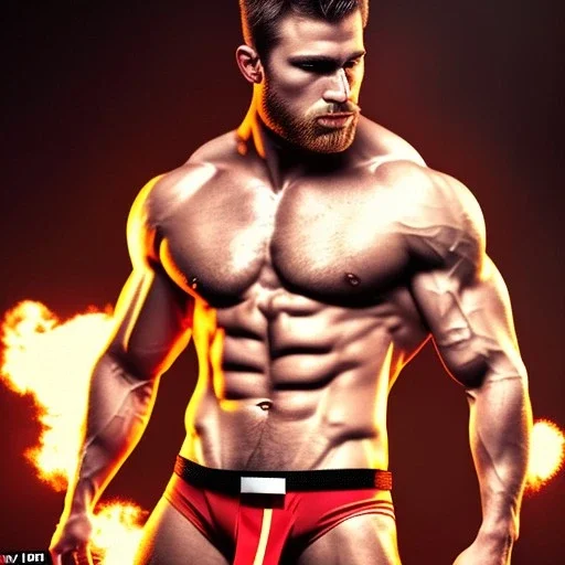 Ignore NSFW, teenager young rugged attractive slightly muscular fantasticly handsome blonde man, red briefs with yellow belt, hairy chest, (((visibly pisssing))) briefs, large erect visible boner peniss, photorealistic, artist Jay Anacleto, soft lighting, scruffy beard