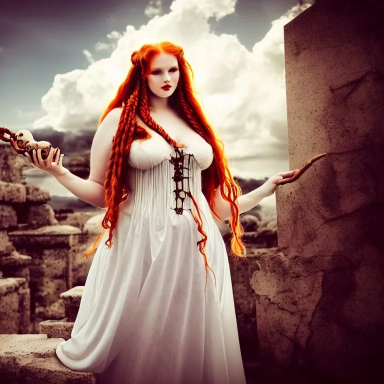 Very sensual gorgeous curvy young white woman redhead maiden dressed in white posing sensually with plaits, and with a skull in her hand, background of ancient marble Roman arcs heavenly sunshine beams divine bright soft focus holy in the clouds steampunk engine steampunk engine.