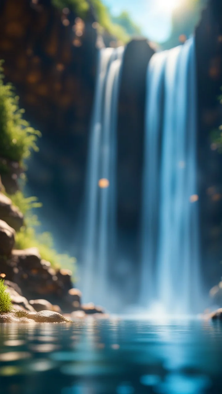 transparent elemental swimming at the bottom of huge waterfall,bokeh like f/0.8, tilt-shift lens 8k, high detail, smooth render, down-light, unreal engine, prize winning