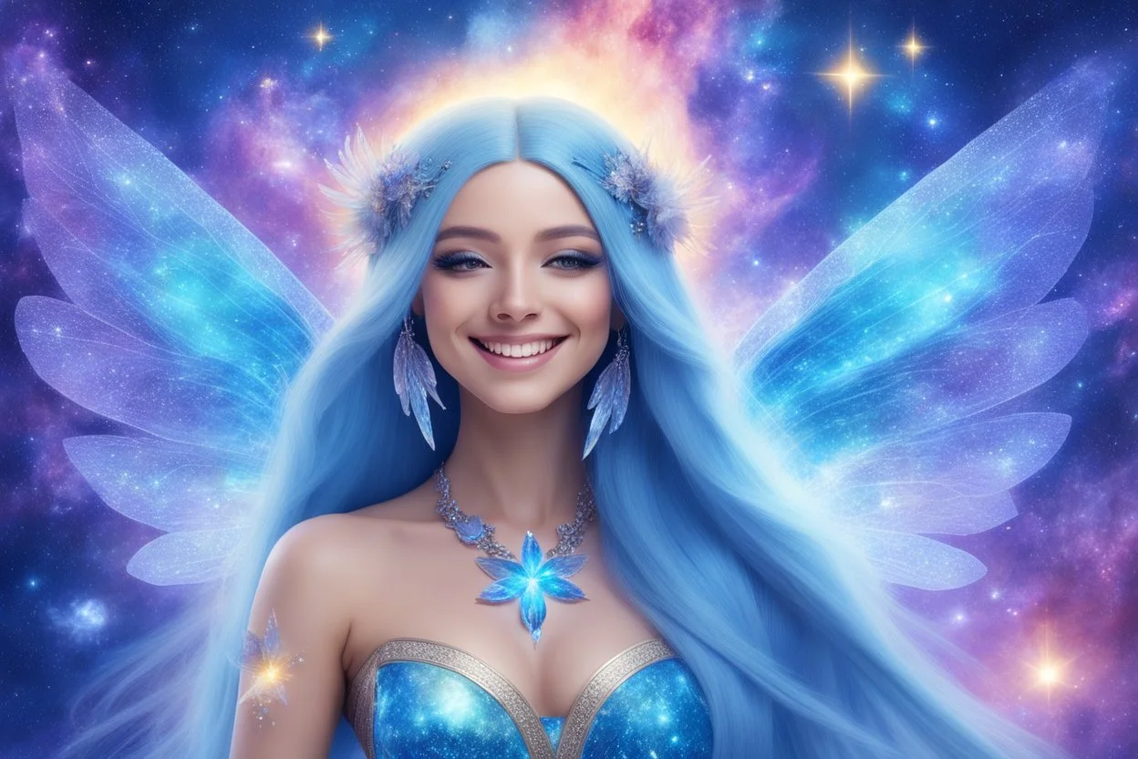 A beauty Fairy women with long blue straight hair. She has Crystal wings and sweety elegant smile.She Is a magic sacred dancer in cosmica ceremony..the background Is a magic coloured bright galaxy, with a stars. She Is so fine gentle and with grace