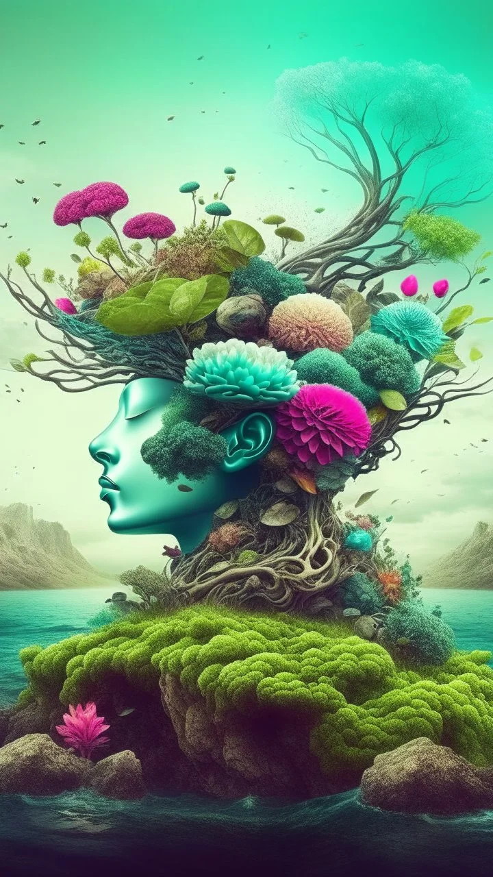 surreal abstract artwork that combines elements of nature, technology and human emotions