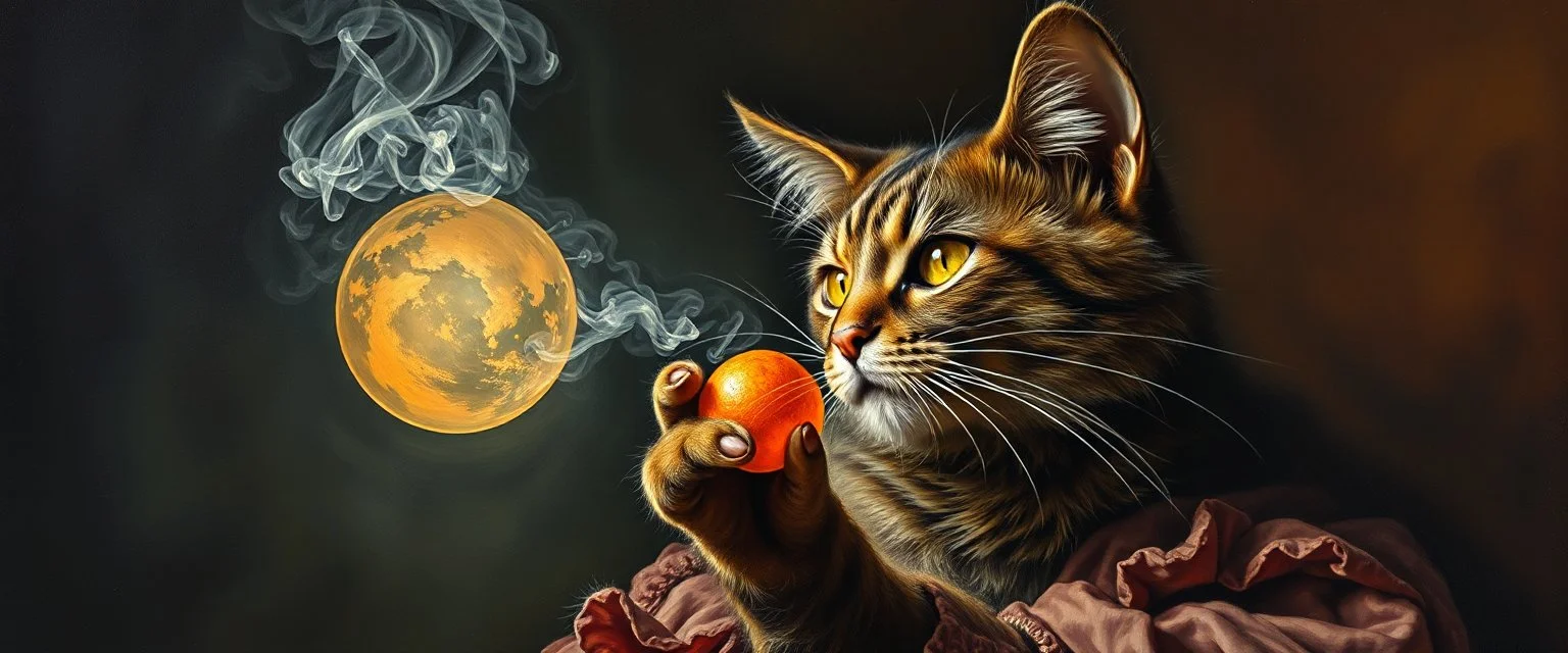 master oil painting by Rembrandt, good afternoon gremlin master cat paw woman hot smoking ball
