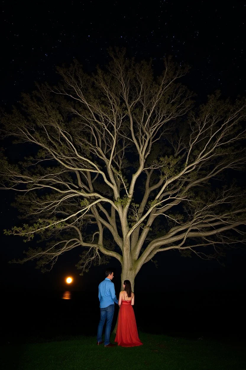 A man and a woman by a tree of stars in the dark night where the moon in the horizon